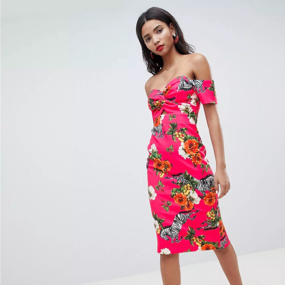 Off-Shoulder Pink Floral Midi Dress